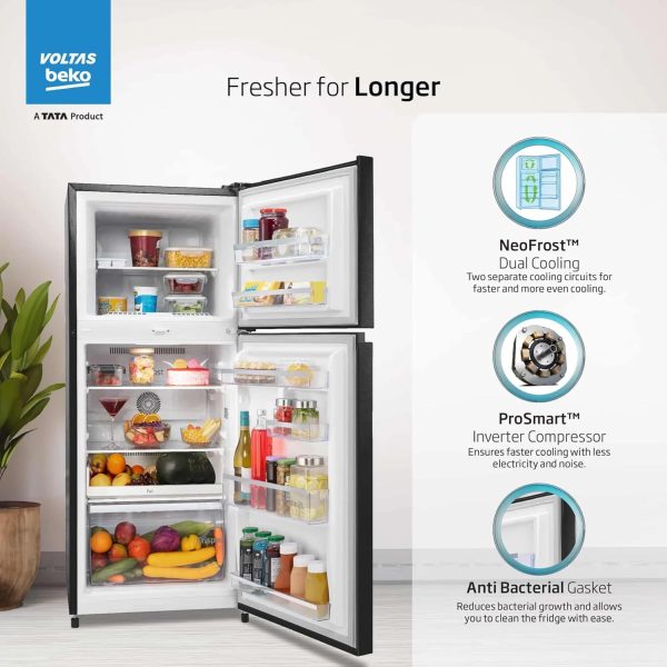 Voltas Beko RFF270C/WPXBR0I00, 230 Litre 3 Star Double Door Refrigerator with Pro Smart Inverter Compressor, Big Vegetable Box with Crisper and Neo Frost Dual Cooling, Wooden Black