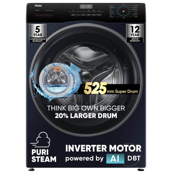 Haier HW80-IM12929EBKF, 8 KG 1200 RPM Fully Automatic Frontload Machine with Inverter Motor, 525MM Super Drum and 12 Year Motor Warranty, Black