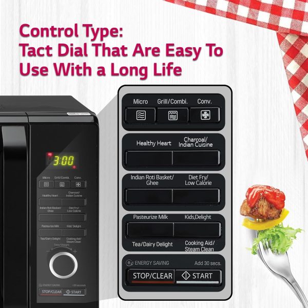 LG MJ2887BWUM, 28 Litre Convection Microwave with Charcoal Heater ,360 Degree Motorised Rotisserie and Stainless Steel Cavity, Floral Wine