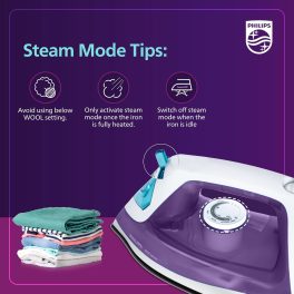 Philips DST0810/30, 1250 Watt Steam Iron with Lesser Strokes due to uniform distribution, Works on Eco and Dry Mode, Purple