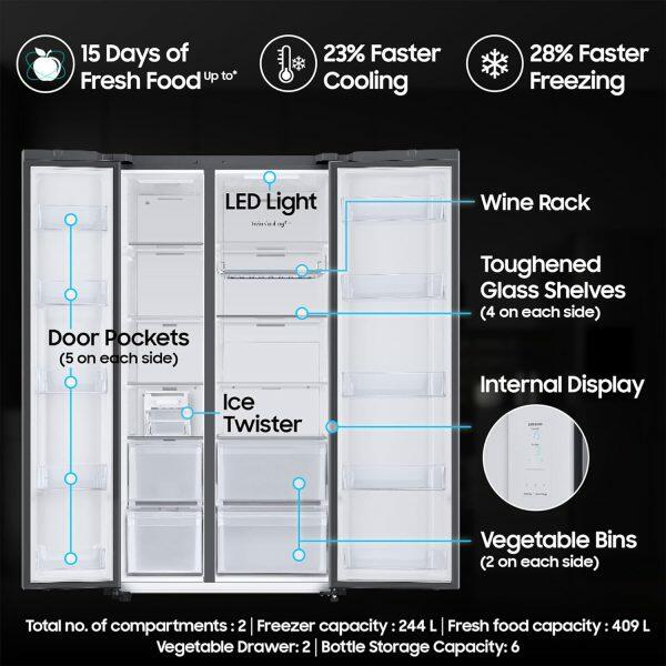 Samsung 653L Side by Side Refrigerator (RS76CG8115B1, Matt Black)