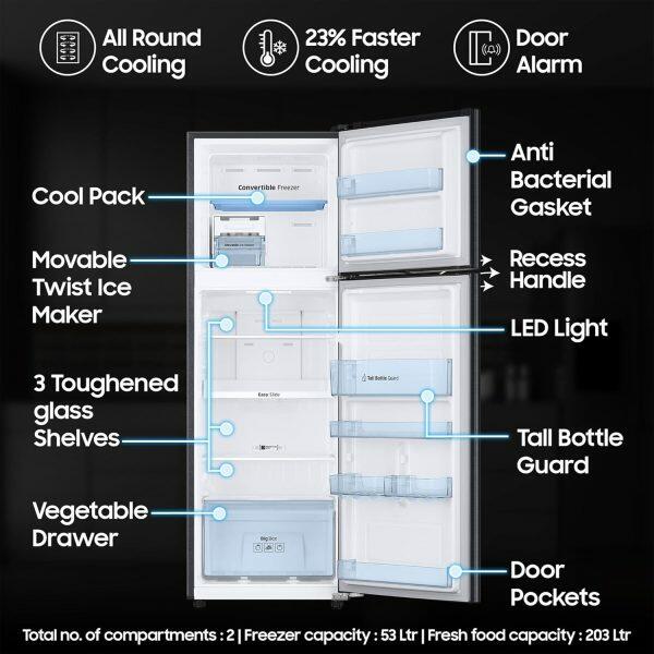 Samsung 256L 3 Star Double Door Refrigerator (RT30C3733BX, Luxe Black)