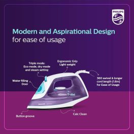 Philips DST0810/30, 1250 Watt Steam Iron with Lesser Strokes due to uniform distribution, Works on Eco and Dry Mode, Purple