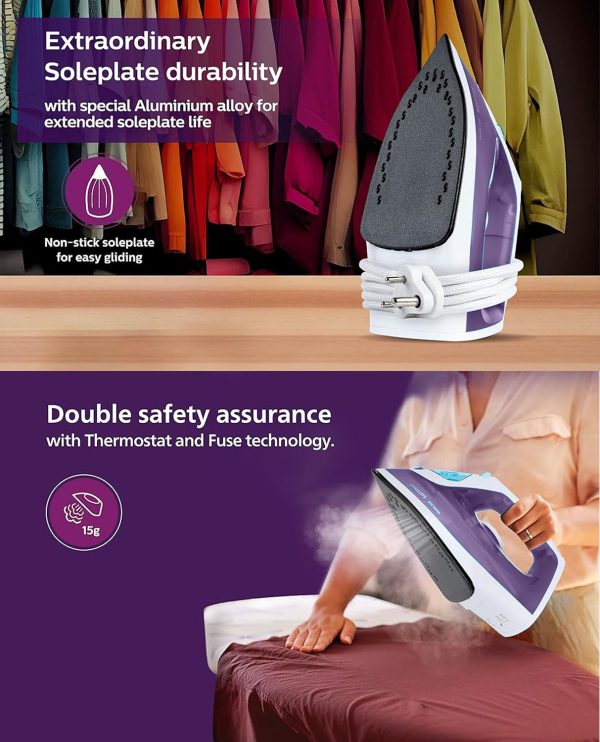 Philips DST0810/30, 1250 Watt Steam Iron with Lesser Strokes due to uniform distribution, Works on Eco and Dry Mode, Purple
