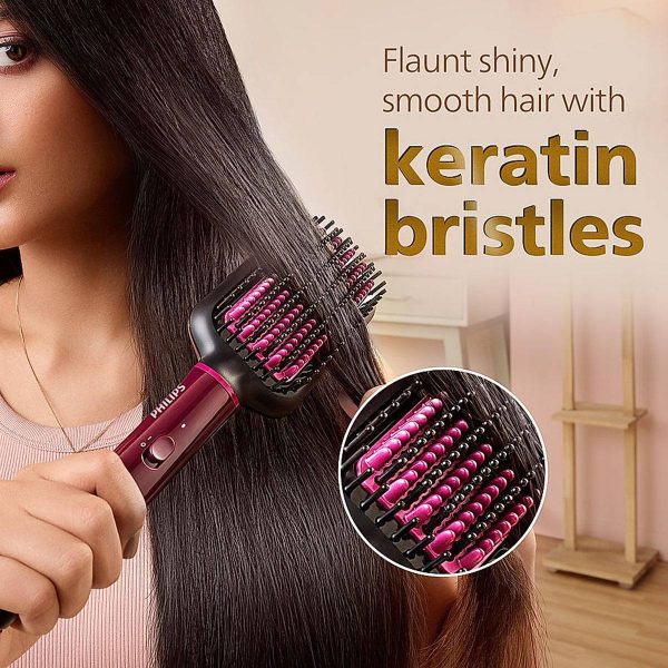 Philips BHH730, Hair Straightening Brush with Silk Protect Technology, Keratin Infused Cermaic Coating and 200 Celcius temperature for effective Styling, Dark Wine