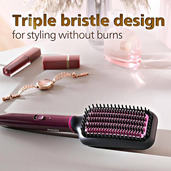 Philips BHH730, Hair Straightening Brush with Silk Protect Technology, Keratin Infused Cermaic Coating and 200 Celcius temperature for effective Styling, Dark Wine