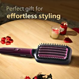 Philips BHH730, Hair Straightening Brush with Silk Protect Technology, Keratin Infused Cermaic Coating and 200 Celcius temperature for effective Styling, Dark Wine