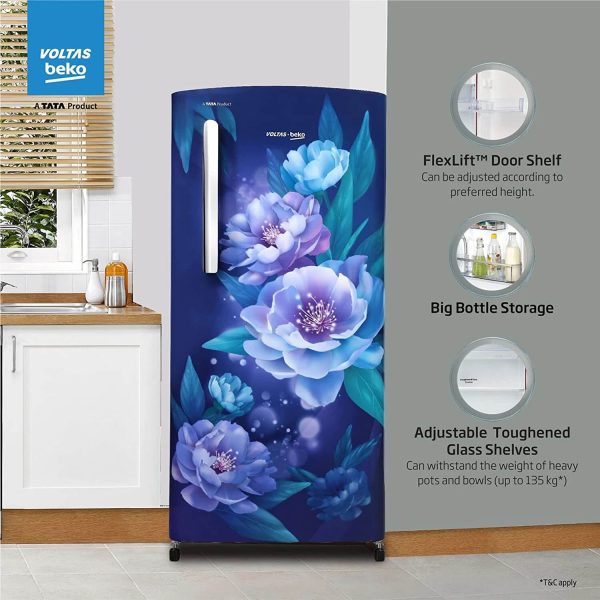 Voltas Beko RDC208E/S0PBE, 175 Litre 1 Star Single Door Refrigerator with Fresh Box and Stabilizer Free Operation, Peony Blue