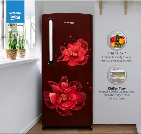 Voltas Beko RDC220C/S0WFE, 185 Litre 3 Star Single Door Refrigerator with Quick Freezer, Safe Box and Crisper Humidity Control, Fressia Wine