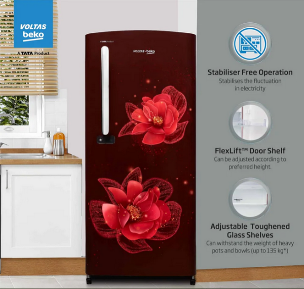 Voltas Beko RDC220C/S0WFE, 185 Litre 3 Star Single Door Refrigerator with Quick Freezer, Safe Box and Crisper Humidity Control, Stelleta Wine