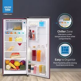 Voltas Beko 185 Litre 3 Star Single Door Refrigerator with Quick Freezer, Safe Box and Crisper Humidity Control, Stelleta Wine, RDC220C/S0WFE