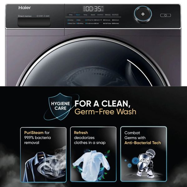 Haier HW80-DM14959CS6U, 8 KG 1400 RPM Fully Automatic Frontload Machine with Direct Motion Motorm 525MM Super Drum and Built-in Wi-Fi, Silver