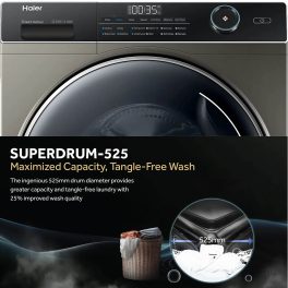 Haier HW90-DM14959CS8U1, 9 KG 1400 RPM Fully Automatic Frontload Machine with Direct Motion Motor, 525MM Super Drum and Wi-Fi, Dark Silver