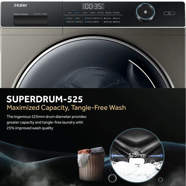 Haier HW90-DM14959CS8U1, 9 KG 1400 RPM Fully Automatic Frontload Machine with Direct Motion Motor, 525MM Super Drum and Wi-Fi, Dark Silver