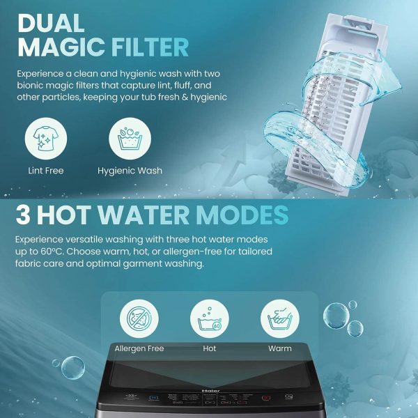 Haier HWM80-H826S6, 8 KG Fully Automatic Top Load Machine with Storm Pulsator, 3 Hot Water Modes, 15 Minutes Quick Wash and Built-In Heater, Silver