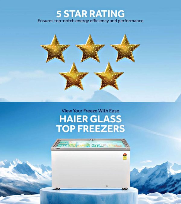 Haier HFC400GM5 340 Litre Glass Top Deep Freezer with 5 Star, White