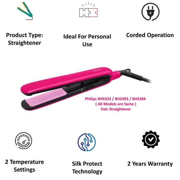 Philips BHS393, Hair Straightening Brush with Silk Protect Technology, Keratin Infused Cermaic Coating, 190 Degree and 210 Degree Temperature Setting with 1.6 Metre Cord, Cherry Pink