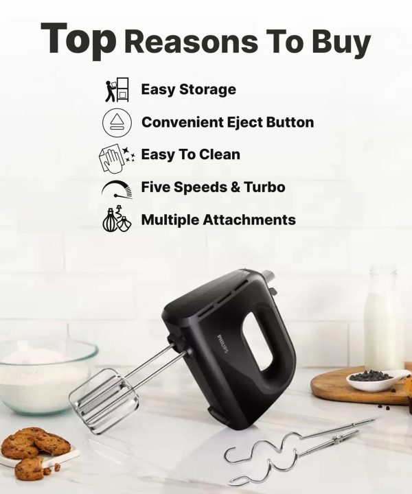 Philips HR3705/10, 300 Watt Hand Mixer with 5 Speed Control Setting, Cord Clip for tidy Storage and large Eject button, Black