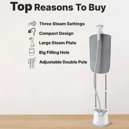 Philips GC487/80, 1800 Watt Stand Steamer with 3 Steam Setting for different kind of fabrics, 1.4 Litre Water Tank and 40% Larger Steam Plate, White