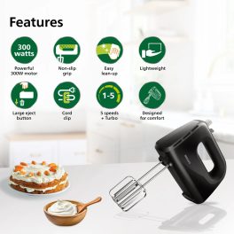 Philips HR3705/10, 300 Watt Hand Mixer with 5 Speed Control Setting, Cord Clip for tidy Storage and large Eject button, Black