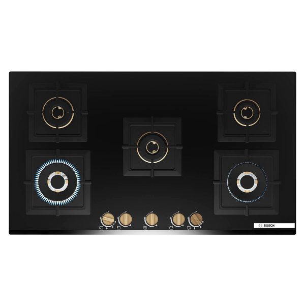 Bosch PNV9B6G20I, 5 Burner 90 CM Hob with 6mm Tempered Glass, Auto-Ignition and Flame Failure Safety Device, Black