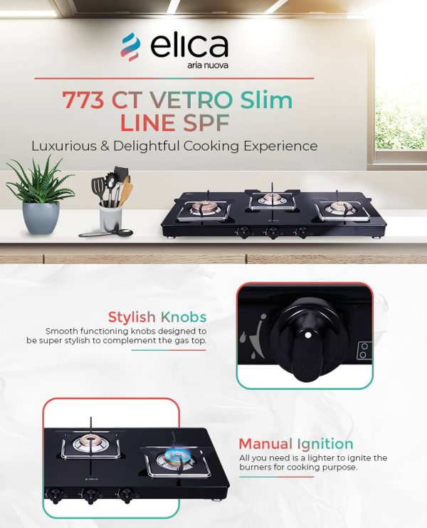 Elica 773 Ct Vetro Slim Line SPF, 3 Burner Heavy Duty Brass Burner, Square Grid for stable Pans and Toughened Glass, Black