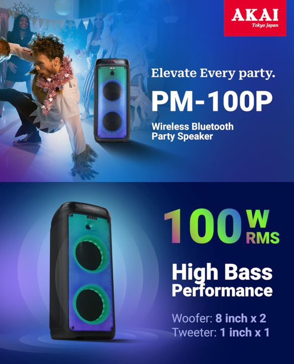 Akai PM-100P, 100 Watts Bluetooth Party Speaker with 5 Hours of Playtime, Karoke with Wireless Mic and Recording, Black