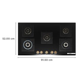 Bosch PNV9B6G20I, 5 Burner 90 CM Hob with 6mm Tempered Glass, Auto-Ignition and Flame Failure Safety Device, Black