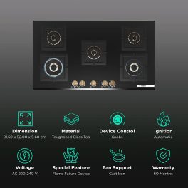 Bosch PNV9B6G20I, 5 Burner 90 CM Hob with 6mm Tempered Glass, Auto-Ignition and Flame Failure Safety Device, Black