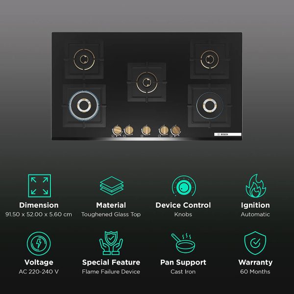 Bosch PNV9B6G20I, 5 Burner 90 CM Hob with 6mm Tempered Glass, Auto-Ignition and Flame Failure Safety Device, Black
