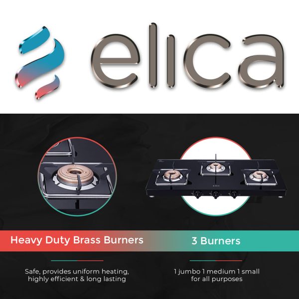 Elica 773 Ct Vetro Slim Line SPF, 3 Burner Heavy Duty Brass Burner, Square Grid for stable Pans and Toughened Glass, Black