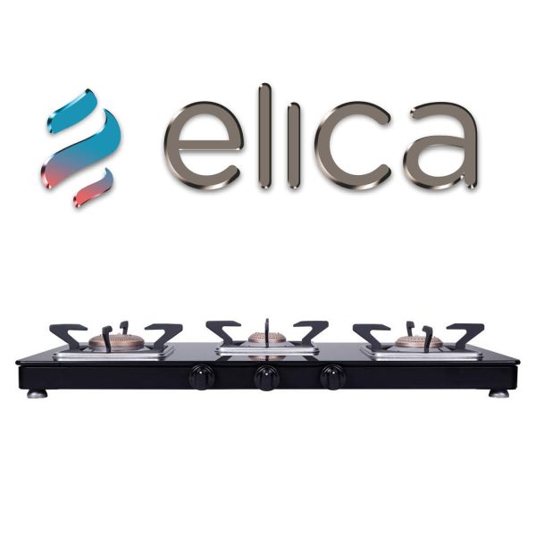 Elica 773 Ct Vetro Slim Line SPF, 3 Burner Heavy Duty Brass Burner, Square Grid for stable Pans and Toughened Glass, Black