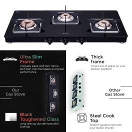 Elica 773 Ct Vetro Slim Line SPF, 3 Burner Heavy Duty Brass Burner, Square Grid for stable Pans and Toughened Glass, Black