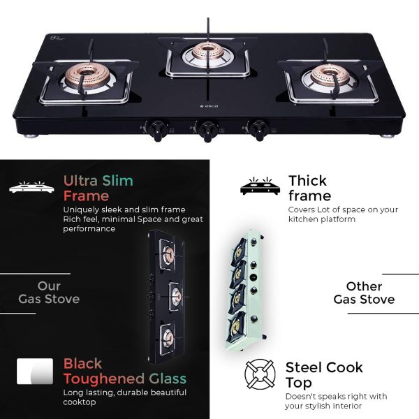 Elica 773 Ct Vetro Slim Line SPF, 3 Burner Heavy Duty Brass Burner, Square Grid for stable Pans and Toughened Glass, Black