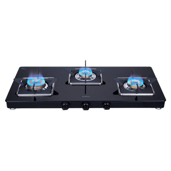Elica 773 Ct Vetro Slim Line SPF, 3 Burner Heavy Duty Brass Burner, Square Grid for stable Pans and Toughened Glass, Black