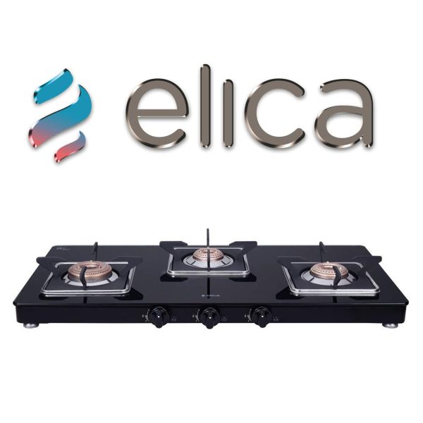 Elica 773 Ct Vetro Slim Line SPF, 3 Burner Heavy Duty Brass Burner, Square Grid for stable Pans and Toughened Glass, Black