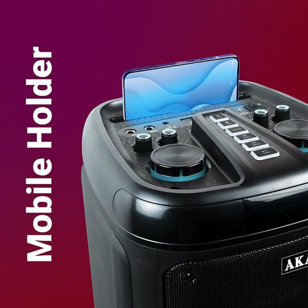 Akai PM-100P, 100 Watts Bluetooth Party Speaker with 5 Hours of Playtime, Karoke with Wireless Mic and Recording, Black