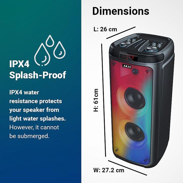 Akai PM-100P, 100 Watts Bluetooth Party Speaker with 5 Hours of Playtime, Karoke with Wireless Mic and Recording, Black