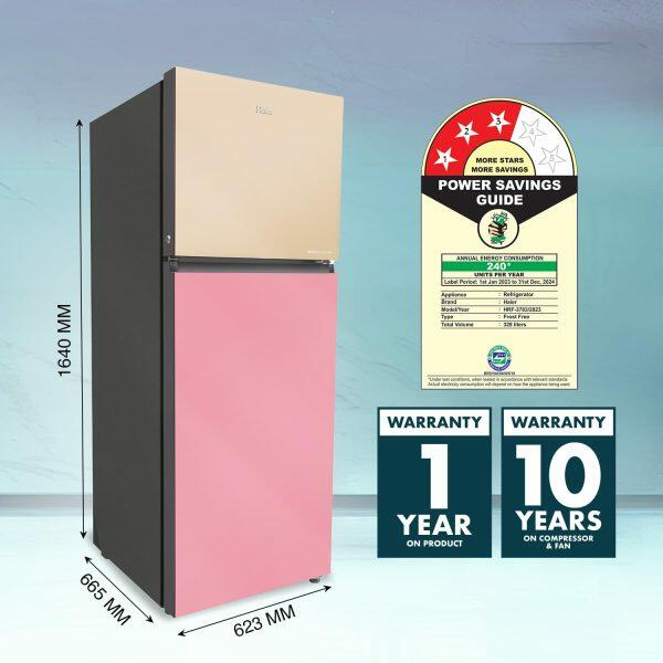Haier HRF-3783CPG, 328 Litre 3 Star Double Door Refrigerator with Triple Inverter and 10-in-1 Convertible, Cream Pink Glass