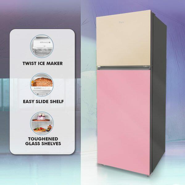 Haier HRF-3783CPG, 328 Litre 3 Star Double Door Refrigerator with Triple Inverter and 10-in-1 Convertible, Cream Pink Glass