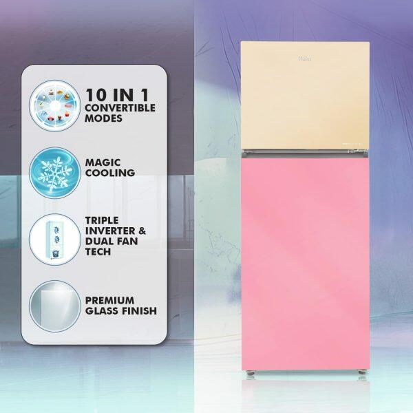 Haier HRF-3783CPG, 328 Litre 3 Star Double Door Refrigerator with Triple Inverter and 10-in-1 Convertible, Cream Pink Glass