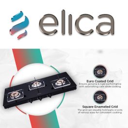 Elica 773 Ct Vetro Slim Line SPF, 3 Burner Heavy Duty Brass Burner, Square Grid for stable Pans and Toughened Glass, Black