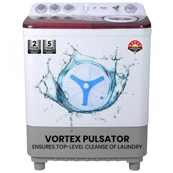 Haier HTW85-186, 8.5 KG Semi Automatic Machine with Anti Bacterial Vortex Pulsator, Magic Filter and Spray, Wine Burgandy