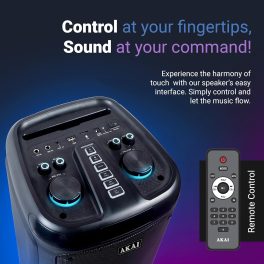 Akai PM-100P, 100 Watts Bluetooth Party Speaker with 5 Hours of Playtime, Karoke with Wireless Mic and Recording, Black