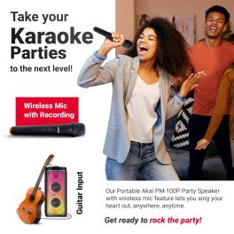 Akai PM-100P, 100 Watts Bluetooth Party Speaker with 5 Hours of Playtime, Karoke with Wireless Mic and Recording, Black