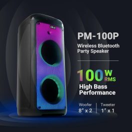 Akai PM-100P, 100 Watts Bluetooth Party Speaker with 5 Hours of Playtime, Karoke with Wireless Mic and Recording, Black