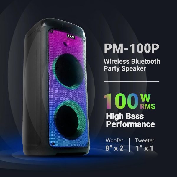 Akai PM-100P, 100 Watts Bluetooth Party Speaker with 5 Hours of Playtime, Karoke with Wireless Mic and Recording, Black