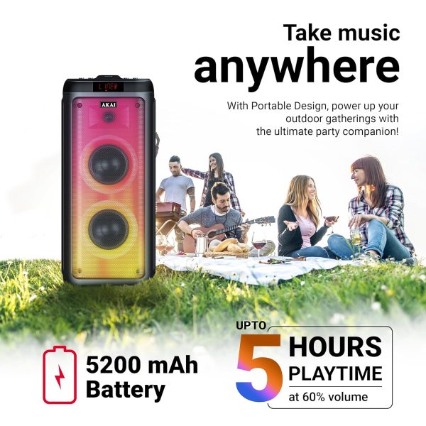 Akai PM-100P, 100 Watts Bluetooth Party Speaker with 5 Hours of Playtime, Karoke with Wireless Mic and Recording, Black