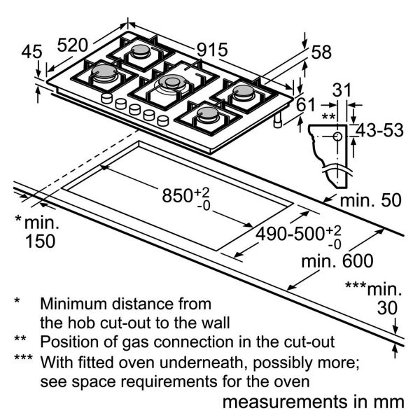 Bosch PNV9B6G20I, 5 Burner 90 CM Hob with 6mm Tempered Glass, Auto-Ignition and Flame Failure Safety Device, Black