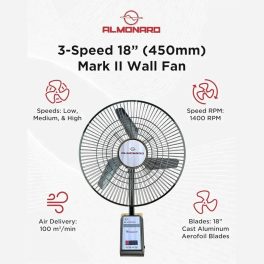 Almonard 450MM Wall Fan, 18 Inch Robust fan with 90 Degree Wide Spread Oscillation and 22 Degree to 45 Degree Adjustable Vertical Oscillation, Silver/Green